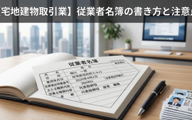 「【宅地建物取引業】従業者名簿の書き方と注意点」というタイトルと、オフィスデスクの上に置かれた従業者名簿、高級ボールペン、宅地建物取引士証のイメージ画像。