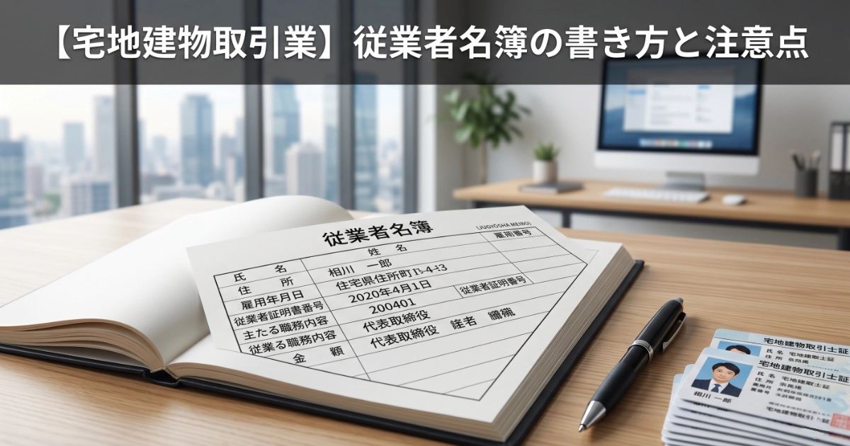 「【宅地建物取引業】従業者名簿の書き方と注意点」というタイトルと、オフィスデスクの上に置かれた従業者名簿、高級ボールペン、宅地建物取引士証のイメージ画像。