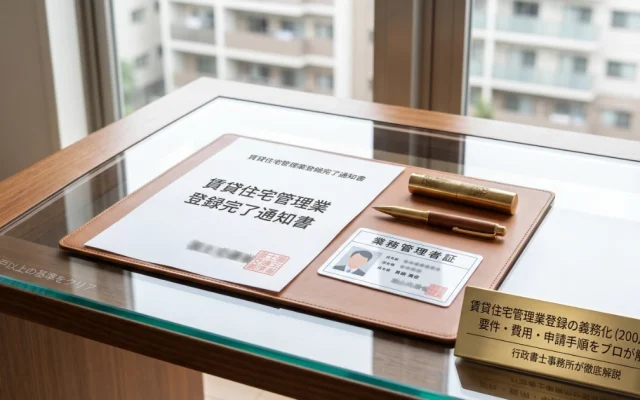 賃貸住宅管理業登録完了通知書と業務管理者証がデスクに置かれているイメージ