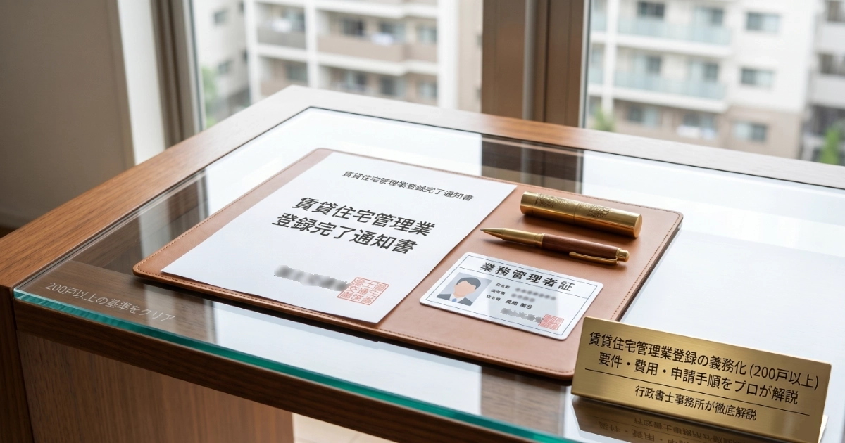 賃貸住宅管理業登録完了通知書と業務管理者証がデスクに置かれているイメージ