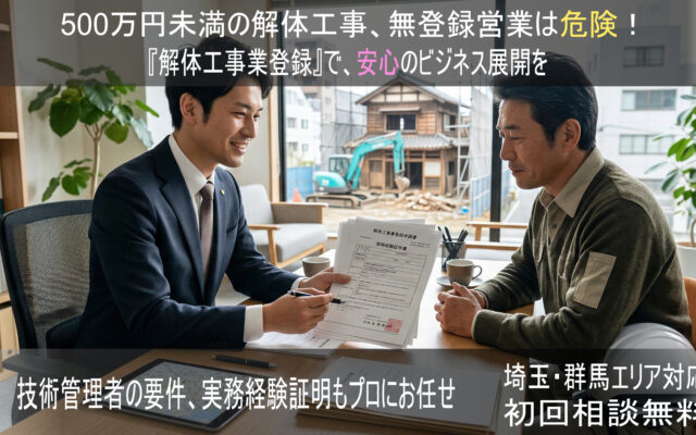 埼玉・群馬で解体工事業登録の無料相談を行う行政書士と建設業者の様子