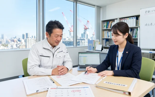 オフィスでカレンダーと建設業許可申請書類を前に、作業着の男性に説明する女性行政書士。窓の外にはクレーンが見える。埼玉・群馬の建設業許可更新代行のイメージ。