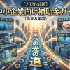 2026年（令和8年度）最新の中小企業向け補助金を解説する記事のアイキャッチ画像。中心に巨大な「未来への光の道」が立ち昇り、そこから5つのフローティングデータパネルが派生している。パネルには「デジタル化・AI」「省力化」「新事業進出」「事業承継・M&A」「脱炭素・省エネ」のテキストと、タブレット、ロボット、建物、契約書、太陽光パネルの実写オブジェクトが統合されている。上部には「【2026最新】」「中小企業向け補助金ガイド（令和8年度）」というテキストが書かれている。右下には誠実な笑顔の実写行政書士がタブレットとペンを持って光の道を見ている。吹き出しには「行政書士が解説」と書かれている。背景はデータセンターと都市夜景が融合した、近代的な景観。