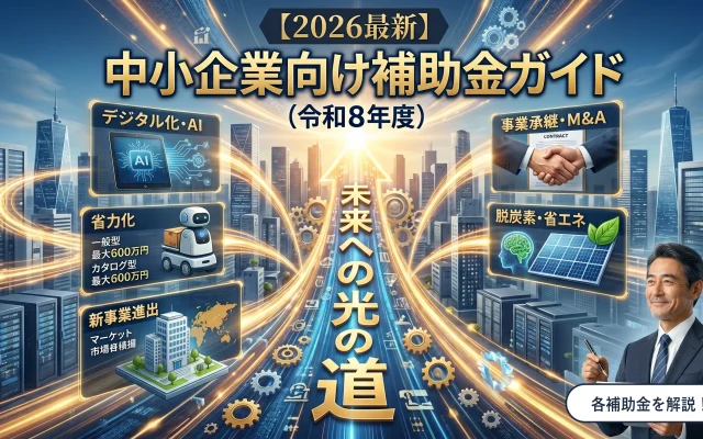 2026年（令和8年度）最新の中小企業向け補助金を解説する記事のアイキャッチ画像。中心に巨大な「未来への光の道」が立ち昇り、そこから5つのフローティングデータパネルが派生している。パネルには「デジタル化・AI」「省力化」「新事業進出」「事業承継・M&A」「脱炭素・省エネ」のテキストと、タブレット、ロボット、建物、契約書、太陽光パネルの実写オブジェクトが統合されている。上部には「【2026最新】」「中小企業向け補助金ガイド（令和8年度）」というテキストが書かれている。右下には誠実な笑顔の実写行政書士がタブレットとペンを持って光の道を見ている。吹き出しには「行政書士が解説」と書かれている。背景はデータセンターと都市夜景が融合した、近代的な景観。