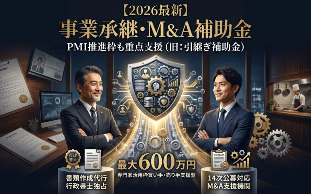 2026年最新の事業承継・M&A補助金について解説する画像。PMI推進枠の重点支援（旧：引継ぎ補助金）、最大600万円、専門家活用枠（買い手・売り手支援型）、書類作成代行は行政書士独占、14次公募対応、M&A支援機関であることを説明。腕を組んだ行政書士と後継者が並び、中央にビジネスアイコンのある盾が光っている。背景はオフィスとレストラン。
