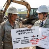 「群馬県既存業者向け猶予スケジュール」と「平面図・求積図」の看板を用いて解説する行政書士（ヘルメット・スーツ）と作業員。看板には令和8年10月の条例施行から令和9年9月末までの期限タイムラインが示され、「図面作成必須」と「残り1年」が赤字で強調されている。既存業者が適法化のために必須となる「みなし届出」と設備改修の猶予スケジュールと、専門的な図面作成のリスクを示唆している。