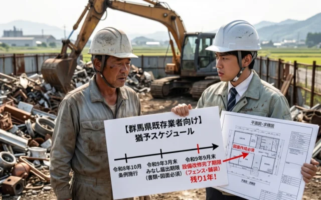 「群馬県既存業者向け猶予スケジュール」と「平面図・求積図」の看板を用いて解説する行政書士（ヘルメット・スーツ）と作業員。看板には令和8年10月の条例施行から令和9年9月末までの期限タイムラインが示され、「図面作成必須」と「残り1年」が赤字で強調されている。既存業者が適法化のために必須となる「みなし届出」と設備改修の猶予スケジュールと、専門的な図面作成のリスクを示唆している。