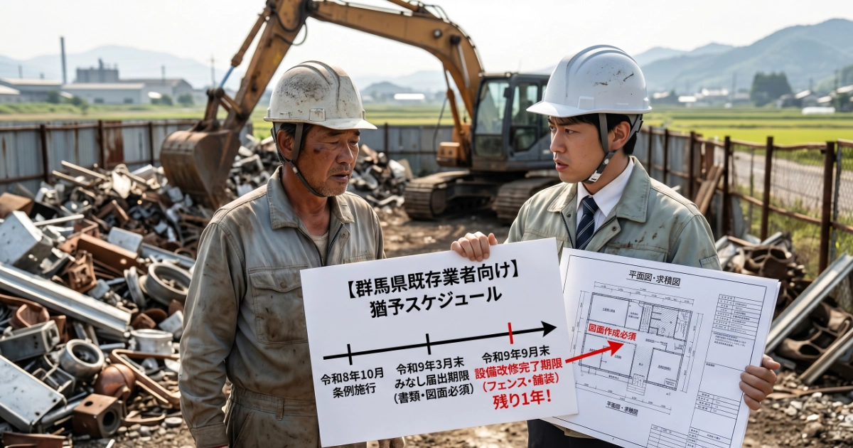 「群馬県既存業者向け猶予スケジュール」と「平面図・求積図」の看板を用いて解説する行政書士（ヘルメット・スーツ）と作業員。看板には令和8年10月の条例施行から令和9年9月末までの期限タイムラインが示され、「図面作成必須」と「残り1年」が赤字で強調されている。既存業者が適法化のために必須となる「みなし届出」と設備改修の猶予スケジュールと、専門的な図面作成のリスクを示唆している。
