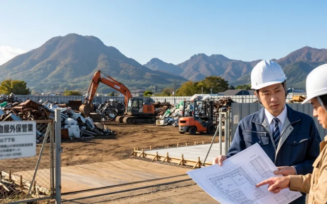 群馬県のスクラップヤード（再生資源物屋外保管事業場）にて、行政書士と事業者が10月施行の条例に向けた許可申請用の図面や設備改修の打ち合わせをしている様子