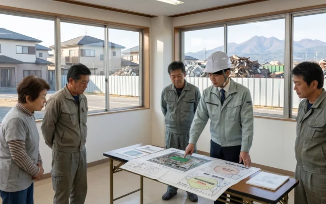 白いヘルメットとスーツジャケットを着用した男性が、群馬県ヤード条例に関する周辺住民説明会で、テーブルの上の図面を指し示しながら、女性1名と作業服姿の男性3名を含む住民グループに説明している。窓の外には金属くずの山が見え、窓の壁には「群馬県ヤード条例周辺住民説明会会場」と日本語で書かれた貼り紙がある。