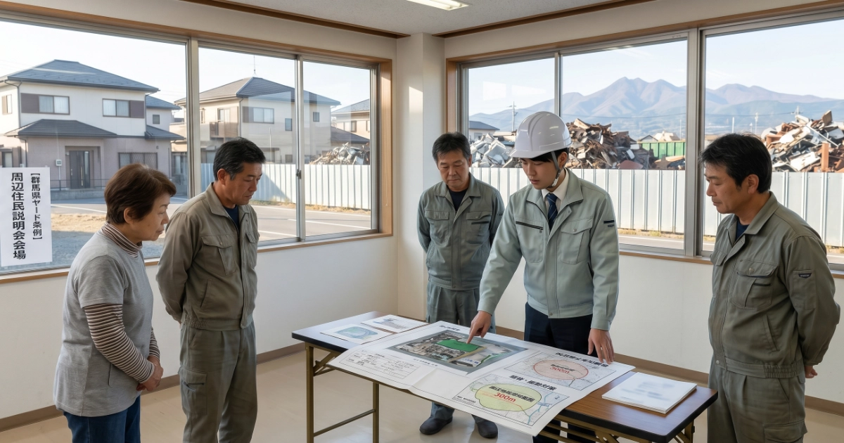 白いヘルメットとスーツジャケットを着用した男性が、群馬県ヤード条例に関する周辺住民説明会で、テーブルの上の図面を指し示しながら、女性1名と作業服姿の男性3名を含む住民グループに説明している。窓の外には金属くずの山が見え、窓の壁には「群馬県ヤード条例周辺住民説明会会場」と日本語で書かれた貼り紙がある。