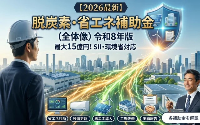 2026年（令和8年版）の「脱炭素・省エネ補助金（全体像）」を解説するアイキャッチ画像。左側にはヘルメットを被った経営者が工場や都市の風景を見つめ、中央には緑と黄色のエネルギーの光の道が立ち昇っている。右上には太陽光パネルや風力発電などが描かれたシールド（盾）のアイコン。下部には「省エネ診断」「設備更新」「再エネ導入」「工場改修」「実績報告」の対象設備のアイコンが並ぶ。画像上部には「【2026最新】脱炭素・省エネ補助金（全体像）令和8年版 最大15億円！ SII・環境省対応」の文字。右下にはタブレットを持った笑顔の行政書士が配置されている。