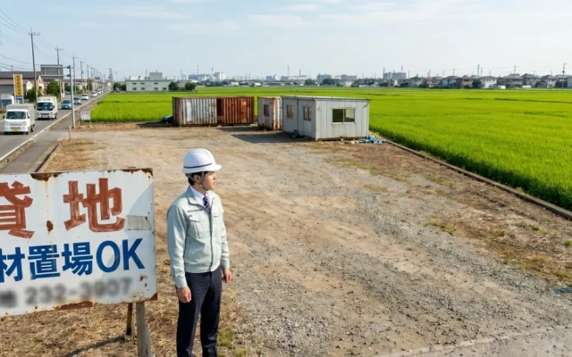 「資材置場OK」と書かれた貸地の看板の横で、ヘルメット姿の行政書士がスクラップヤード（特定再生資源屋外保管業）の新規開業に向けて現地の法令適合性を調査している様子。隣接する青々とした農地（田んぼ）やコンテナの存在から、農地法違反や市街化調整区域での無許可建築といった、土地契約前に確認すべきリスクを示唆している。