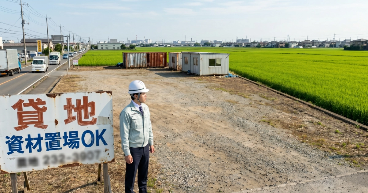 「資材置場OK」と書かれた貸地の看板の横で、ヘルメット姿の行政書士がスクラップヤード（特定再生資源屋外保管業）の新規開業に向けて現地の法令適合性を調査している様子。隣接する青々とした農地（田んぼ）やコンテナの存在から、農地法違反や市街化調整区域での無許可建築といった、土地契約前に確認すべきリスクを示唆している。