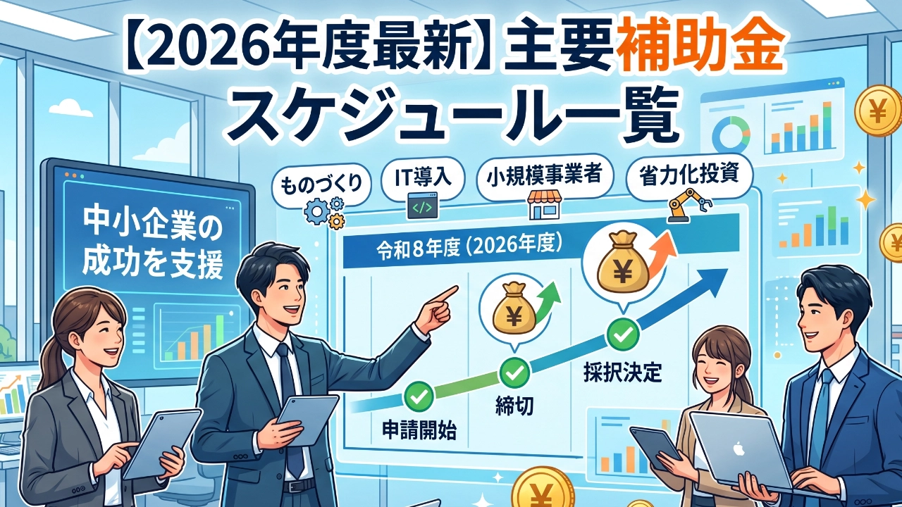 2026年度(令和8年度)の主要補助金スケジュールに関する大規模なデジタルディスプレイを囲む、タブレットやノートパソコンを持つ日本のビジネスプロフェッショナル(スーツ姿、男性2名、女性2名)。ディスプレイには「申請開始」、「締切」、「採択決定」のタイムラインと、お金の袋、グラフ、「中小企業の成功を支援」のテキストが表示されている。上部には「【2026年度最新】主要補助金 スケジュール一覧」と「ものづくり」「IT導入」「小規模事業者」「省力化投資」のカテゴリがある。